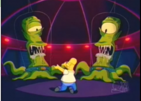 Oh my God! Space aliens. Don't eat me. I have a wife and kids. Eat them! 