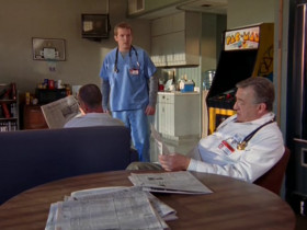 <b>Perry Cox:</b> - Right about now, I'm going to be entering my imaginary, soundproof glass bubble. That way, I don't have to be...
<...>
<b>Resident:</b> - Dr Cox.
<b>Bob Kelso:</b> - You might want to knock. He's in an imaginary glass bubble.