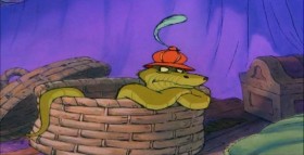 - I wonder. Silly serpent.
- «Silly serpent»?
- Now look here. One more hiss out of you, Hiss, and you are walking to Nottingham.
- Snakes don't walk. They slither.

