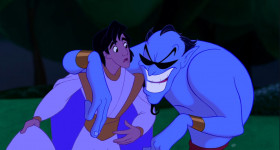- Genie, I need help.
- All right, Sparky, here's the deal. If you wanna court the little lady, you gotta be a straight shooter. Do you got it? Tell her the... truth!
- No way. If Jasmine found out I was really some crummy street rat, she'd laugh at me.
- A woman appreciates a man who can make her laugh.