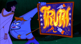 - Genie, I need help.
- All right, Sparky, here's the deal. If you wanna court the little lady, you gotta be a straight shooter. Do you got it? Tell her the... truth!
- No way. If Jasmine found out I was really some crummy street rat, she'd laugh at me.
- A woman appreciates a man who can make her laugh.