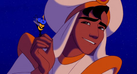 - Enough about you, Casanova. Talk about her.
- What?
- She's smart, fun,the hair, the eyes. Anything. Pick a feature.
- Ahem. Uh, Princess Jasmine? You're very...
- Wonderful, magnificent, punctual...
- Punctual.
- Punctual?
- Sorry.
- Uh, beautiful.
- Nice recovery.