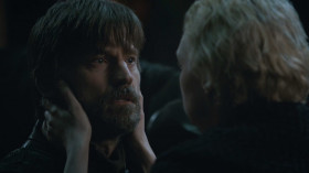 - You're not like your sister. You're not. You're better than she is. You're a good man and you can't save her. You don't need to die with her. Stay here. Stay with me. Please. Stay.
- You think I'm a good man? I pushed a boy out a tower window, crippled him for life for Cersei. I strangled my cousin with my own hands just to get back to Cersei. I would have murdered every man, woman and child in Riverrun for Cersei. She's hateful. And so am I.