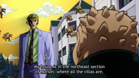 My name is Yoshikage Kira. I'm 33 years old. My house is in the northeast section of Morioh, where all the villas are, and I am not married. I work as an employee for the Kame Yu department stores, and I get home every day by 8 PM at the latest. I don't smoke, but I occasionally drink. I'm in bed by 11 PM, and make sure I get eight hours of sleep, no matter what. After having a glass of warm milk and doing about twenty minutes of stretches before going to bed, I usually have no problems sleeping until morning. Just like a baby, I wake up without any fatigue or stress in the morning. I was told there were no issues at my last check-up. I'm trying to explain that I'm a person who wishes to live a very quiet life. I take care not to trouble myself with any enemies, like winning and losing, that would cause me to lose sleep at night. That is how I deal with society, and I know that is what brings me happiness. Although, if I were to fight I wouldn't lose to anyone.