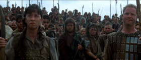 - I am William Wallace, and I see a whole army of my countrymen here in defiance of tyranny. You've come to
fight as free men. And free men you are. What will you do with that freedom? Will you fight?
- No! No! No! Fight? Against that? No! We will run, and we will live.
- Aye. Fight, and you may die. Run, and you'll live. At least awhile. And dying in your beds many years from now, would you be willing to trade all the days from this day to that for one chance, just one chance, to come back here and tell our enemies that they may take our lives, but they'll never take our freedom!

