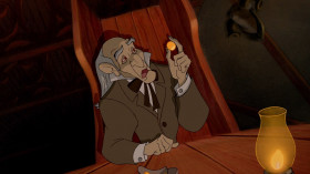 <b>Monsieur D'Arque:</b> - I don't usually leave the asylum in the middle of the night, but he said you'd make it worth my while. Ah! I'm listening.
<b>Gaston:</b> - It's like this. I've got my heart set on marrying Belle, but she needs a little persuasion.
<b>LeFou:</b> - Turned him down flat.
<b>Gaston:</b> - Everyone knows her father's a lunatic. He was in here tonight raving about a beast in a castle.
<b>Monsieur D'Arque:</b> - Maurice is harmless.
<b>Gaston:</b> - The point is, Belle would do anything to keep him from being locked up.
<b>LeFou:</b> - Yeah, even marry him.
<b>Monsieur D'Arque:</b> - So, you want me to throw her father into the asylum, unless she agrees to marry you. That is despicable. I love it.