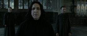 - Many of you are surely wondering why I have summoned you at this hour. It's come to my attention that earlier this evening... Harry Potter was sighted in Hogsmeade. Now... should anyone... student or staff, attempt to aid Mr. Potter... they will be punished... in a matter consistent with the severity of their transgression. Furthermore... any person found to have
knowledge of these events... who fails to come forward... will be treated as... equally guilty. Now then... if anyone here... has any knowledge of Mr. Potter's movements this evening... I invite them to step forward... now.
- It seems, despite your exhaustive defensive strategies... you still have a bit of a security problem, headmaster. And I'm afraid it's quite extensive.