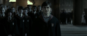 - Many of you are surely wondering why I have summoned you at this hour. It's come to my attention that earlier this evening... Harry Potter was sighted in Hogsmeade. Now... should anyone... student or staff, attempt to aid Mr. Potter... they will be punished... in a matter consistent with the severity of their transgression. Furthermore... any person found to have
knowledge of these events... who fails to come forward... will be treated as... equally guilty. Now then... if anyone here... has any knowledge of Mr. Potter's movements this evening... I invite them to step forward... now.
- It seems, despite your exhaustive defensive strategies... you still have a bit of a security problem, headmaster. And I'm afraid it's quite extensive.