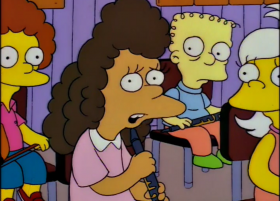 - She was looking at Nelson!
- Lisa likes Nelson!
- She does not!
- Milhouse likes Lisa!
- He does not!
- Janey likes Milhouse!
- She does not!
- Uter likes Milhouse.
- *Nobody* likes Milhouse!