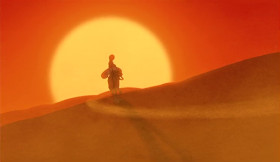 I come from a land, from a faraway place, where the caravan camels roam.
Where it's flat and immense and the heat is intense.
It's barbaric, but hey, it's home.
When the wind's from the east and the sun's from the west
And the sand in the glass is right
Come on down, stop on by hop a carpet and fly to another Arabian night.