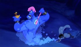 You get in the bath and there's a rub at the lamp. Hello? AI? Al! Kid, snap out of it. You can't cheat on this one. I can't help unless you make a wish. You have to say, "Genie, I want you to save my life." Got it? Come on, Aladdin! I'll take that as a yes. Up scope.