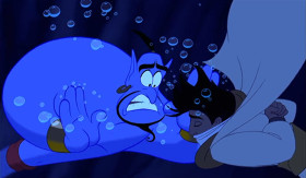 You get in the bath and there's a rub at the lamp. Hello? AI? Al! Kid, snap out of it. You can't cheat on this one. I can't help unless you make a wish. You have to say, "Genie, I want you to save my life." Got it? Come on, Aladdin! I'll take that as a yes. Up scope.